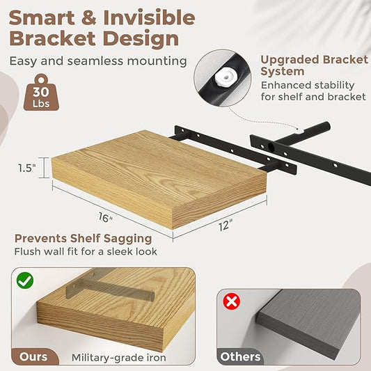 16 Inch Floating Shelves for Wall Set of 2, 12"D Wood Grain Bathroom Shelves with Invisible Brackets, Easy Install Engineered Wood Storage Shelves for Kitchen, Living Room, Bedroom, Oak Finish
