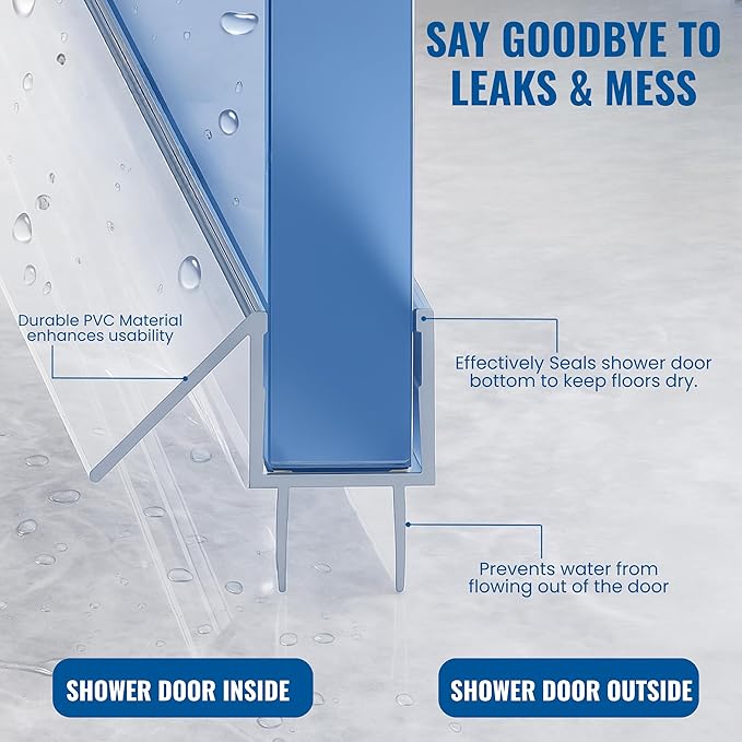 KC Hardware Frameless Shower Door Bottom Seal Strip with Drip Rail - Shower Door Seal Sweep for 3/8 Inch Thick Glass - Acts as a Leak Guard to Prevent Water Leaks - 36 Inch - Ultra Clear - Pack of 2