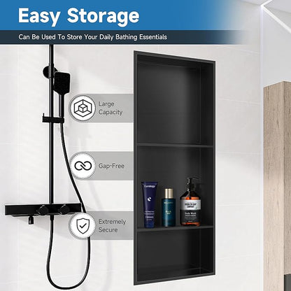 30" X 12" Stainless Steel Shower Niche Insert Tile Ready, Niche for Shower Wall, 3-Tier Recessed Shelves No Tile Needed for Bathroom Storage, Matte Black
