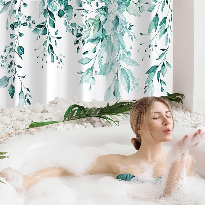 Gibelle Teal Eucalyptus Shower Curtain, Watercolor Plant Leaves with Floral Bathroom Shower Curtain Set with Hooks, 72x72
