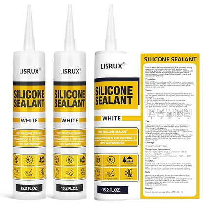 White Advanced Silicone Caulk, 100% Waterproof Silicone Sealant Indoor Outdoor Caulking for Window, Door, RV, Roof, Auto & Marine, Kitchen, Bathroom, Glass,15.2 oz（1-Pack） No Odor