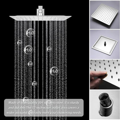 Polished Chrome Shower System Temperature Display Shower Set, Push Button Shower Faucet with 2 Rainfall Shower Head(12+8"), with Handheld Shower