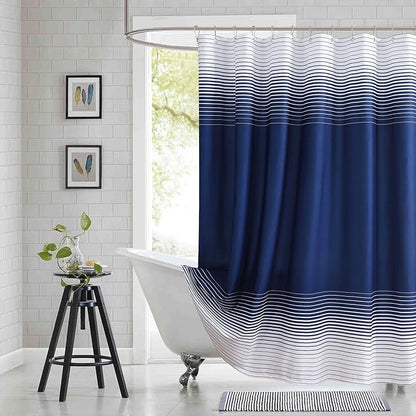 90 Inch Blue Shower Curtain, Extra Long Modern Navy Blue and White Gradient Horizontal Stripe Waterproof Polyester Shower Curtains for Bathroom, 72x90 Inches