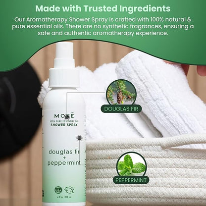 MOXE Aromatherapy Shower Spray - Douglas Fir & Peppermint, 100% Essential Oils, Made in USA, Aromatherapy, Sinus Congestion Relief, Respiratory Support, 4 Oz (1 Pack)