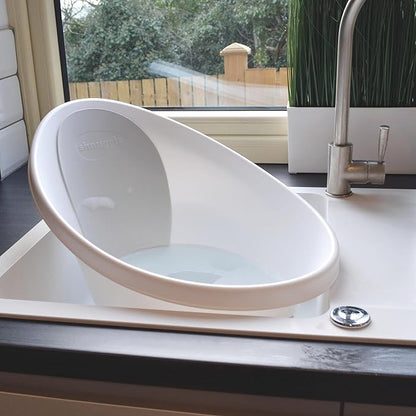Shnuggle Newborn Baby Bath | Built in Support Bump and Soft Backrest | Suitable from Newborn | Bath Seat Support Includes Plug | White with Grey Backrest