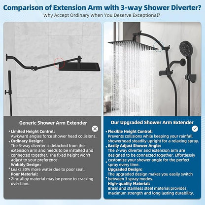 Hibbent All Metal Shower Head, 12'' High Pressure Rain Shower Head/Handheld Showerhead Combo with 16'' Adjustable Arc-shaped Extension Arm, 10 Sprays, 71'' Hose, Showerhead Holder, Matte Black