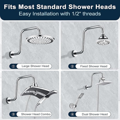 BRIGHT SHOWERS 13 Inch Shower Head Extension Arm with Flange S Shaped High Rise Extender, Long Stainless Steel Rainfall Shower Head Pipe Arm, Chrome