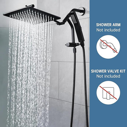 G-Promise All Metal 12 Inches Rain Shower Head with Handheld Built-in Power Wash Mode, 3-way Diverter with Pause Setting, 11 Inches Adjustable Extension Arm with Lock Joint, Long Hose (Matte Black)