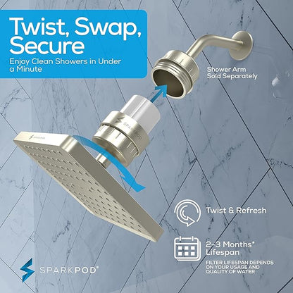 SparkPod Luxury Filtered Shower Head Set 23 Stage Shower Filter - Reduces Chlorine and Heavy Metals - High Pressure Showerhead Filter (8" Square, Elegant Brushed Nickel)