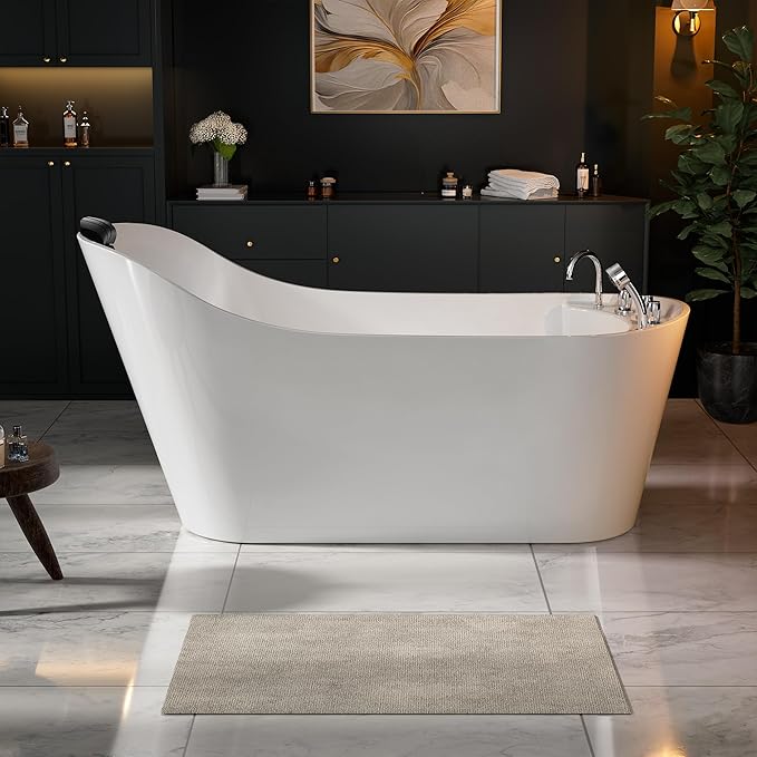 Empava 67 in. Acrylic Freestanding Bath Tub Hydromassage Gracefully Oval Shaped 7 Water Jets Soaking SPA, Single-Ended Massage Bathtubs with Pillow, ETL Certified