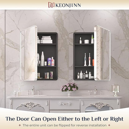 Keonjinn 20 x 26 Inch Chrome Recessed Medicine Cabinets, Mirrored Bathroom Medicine Cabinet, Elegant Silver Stainless Steel Framed, Adjustable Shelves, in Wall or Surface Mount, Soft Closing, Modern