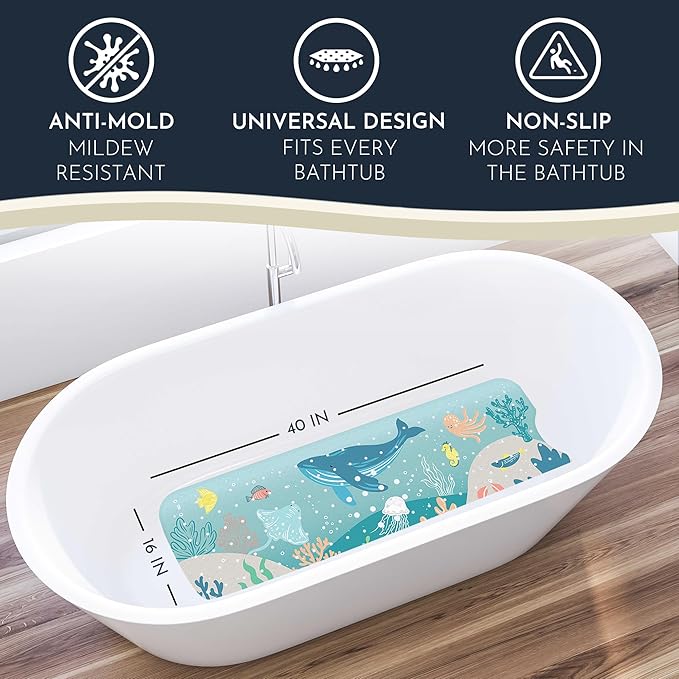 Homerella Baby Bath Tub Mat | Anti Mold Mildew Resistant Non Slip Kids and Adult Bath Tub Shower Mats | 40x16 inch Long with Suction Cups for Secure Grip Hooks for Storage & Drying | Machine Washable