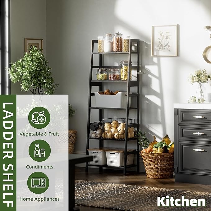 Ladder Shelf, 5-Tier Bookshelf, All Bamboo Heavy Duty Bookcase, Freestanding Open Wood Storage Rack, Modern Corner Display Plant Stand for Living Room, Home Office, Bathroom, Bedroom, Black