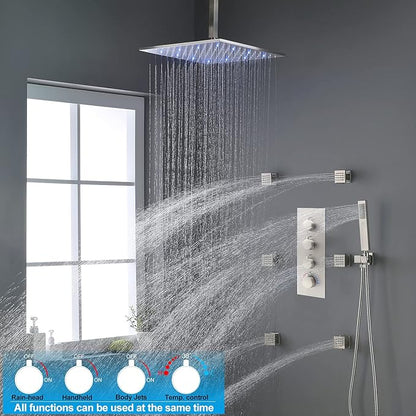 HOMEDEC 3 Way Shower Diverter Valve, 3 Outlets Multi Function Thermostatic Shower Brass Valve Can Run Simultaneously, Brushed Nickel