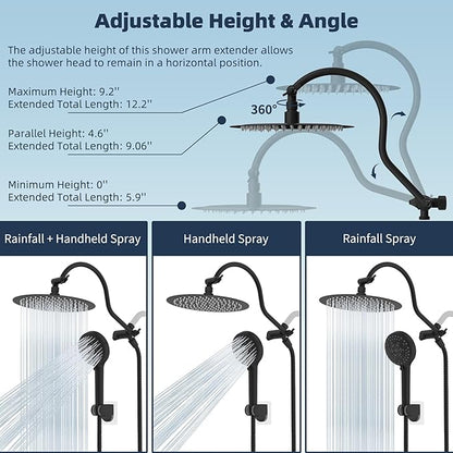 Hibbent All Metal CUPC Certified Shower Head, 10'' High Pressure Rainfall Shower Head, Handheld Showerhead Combo with 12'' Adjustable Extension Arm, 10-Spray, 71'' Hose, Shower Holder, Matte Black