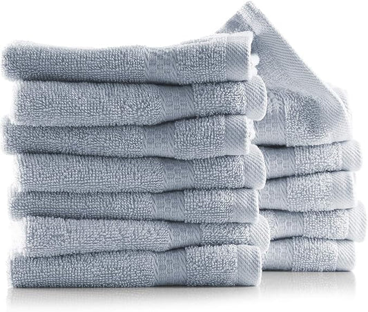 Hearth & Harbor Washcloths 12 Pack - 100% Cotton Washcloth for Body and face, High Absorbent and Soft 13"x13" Body Wash Cloth, Quick Dry - Ice Blue Washcloths