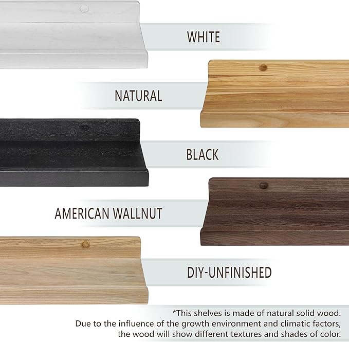 Floating Shelves for Wall 16 inch, Waterproof, Wall Storage Shelves with Lip, Display Picture Ledge Shelf for Living Room Photo Frame, Natural Wood Hanging Book Shelves (Black, Set 2)