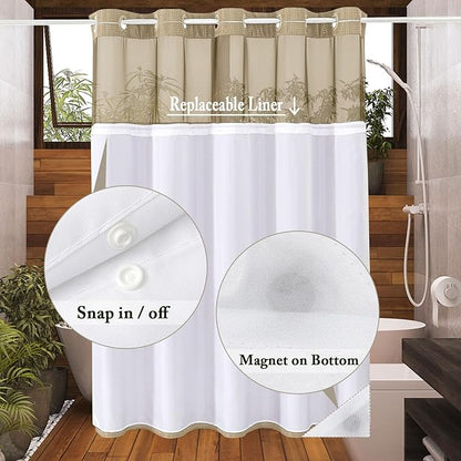 Gibelle No Hook Waffle Weave Shower Curtain with Snap-in Fabric Liner Set for Bathroom, Hotel Style with Mesh Top Window, Waterproof & Washable, Beige, 72x74