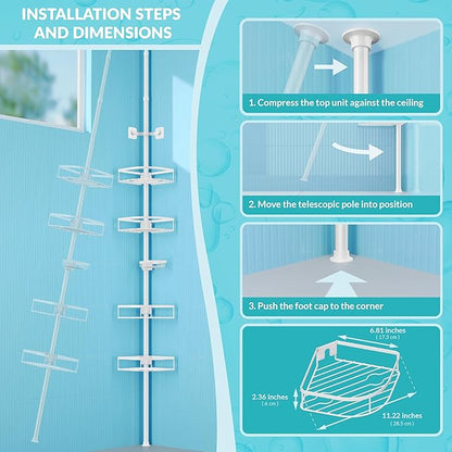 Shower Caddy Tension Pole, 4-Tier Adjustable Corner Shower Standing Caddy, Rustproof Shower Rack for Bathroom Bathtub, with 4 Shelves, No Drilling Shower Shelf for Inside Shower (White)