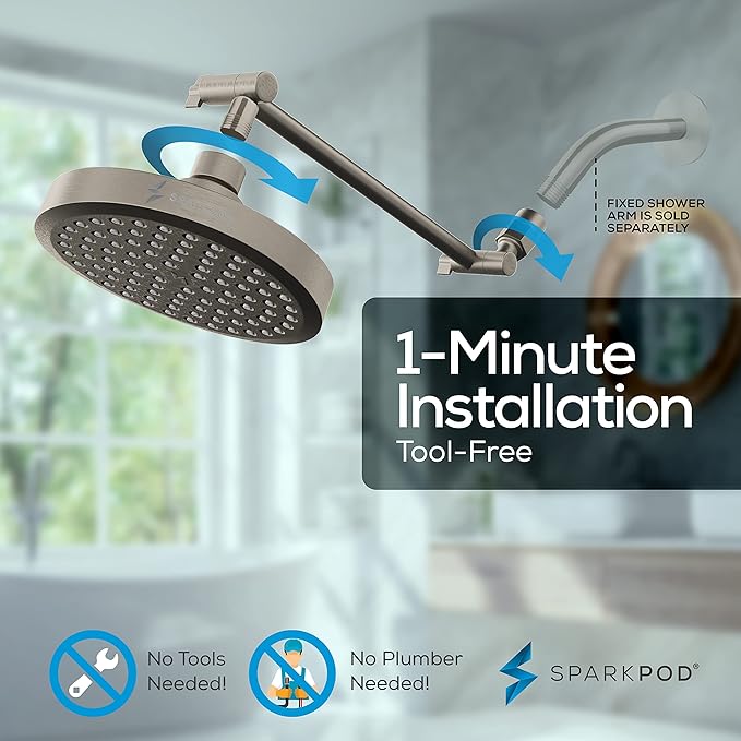 SparkPod Round Rain Shower Head with Extension Arm - Height Adjustable Shower Head with High Pressure Performance - Easy 1-Minute Installation (11" Arm Extension, Elegant Brushed Nickel)