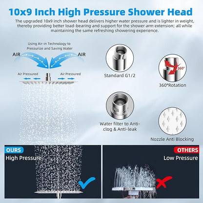 Hibbent All Metal cUPC Certified Rain Shower Head, 10'' High Pressure Rainfall Showerhead with 16" Shower Head Extension Arm, Solid Brass Adjustable Shower Arm Extender, fixed Showerheads, Chrome