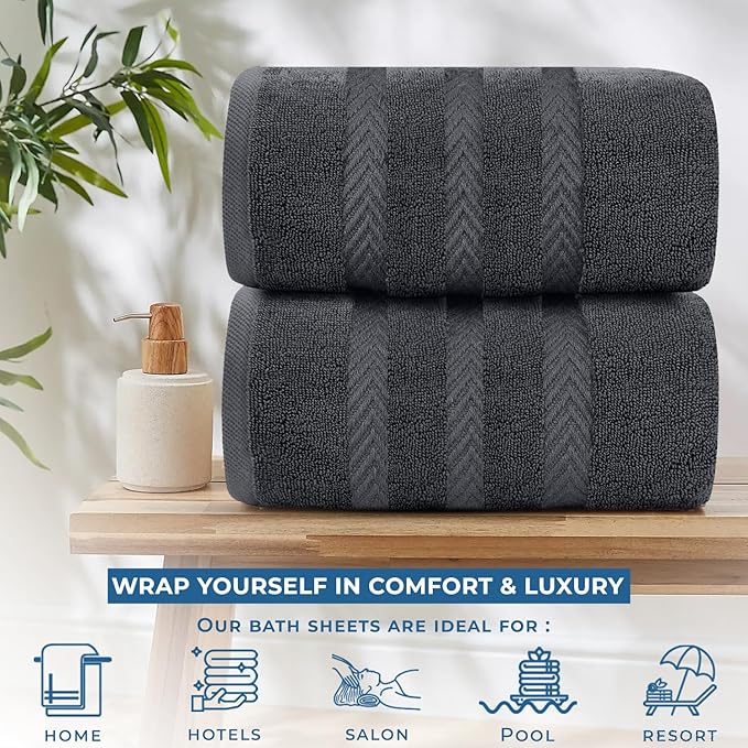 DAN RIVER 2 Pack Luxury Bath Sheets 35x70, 600 GSM, Soft & Quick Dry 100% Ring Spun Cotton Towels Ideal for Hotels, Spas, Gyms & Salons Extra Large, Dark Gray