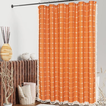 MitoVilla Orange Boho Extra Long Shower Curtain 72 x 84, Modern Farmhouse 84 inch XL Polyester Linen Texture Tassel Fabric Shower Curtain Set with Hooks for Cottagecore Country Bathroom Decor