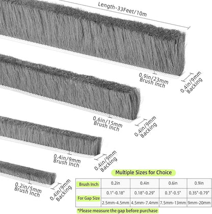 Door Brush Seal, 33Feet, Felt Pile Weather Stripping for Doors, Weather Strip for Windows Cabinet, Self Adhesive Draft Blocker, Dust Stopper Sliding Door Seal Winter, Grey 10m