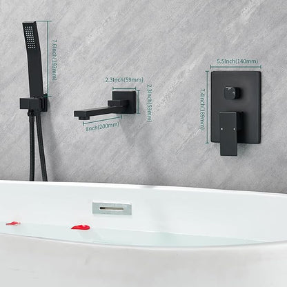 DASAN Swiveling Wall Mount Tub Filler Faucet Set with Hand Held Shower, Matte Black Modern Creative Bathtub Faucet Wall Mounted Bath Tub Faucet with High Flow Rough in Valve, SA-TF05WH-MB