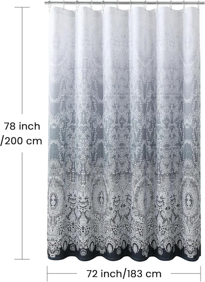 78 Inch Long Shower Curtain - Chantilly Lace Design, Heavyweight Polyester, Dark Gray to White Ombre, 72" W x 78" H