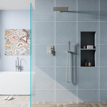 WELLFOR 12-In Wall Mounted Rain Shower Faucet with Single Handle and Handheld Spray, Waterfall Dual Head Shower Head System with 2-way Diverter, Pressure-balanced Valve Included, Brushed Nickel