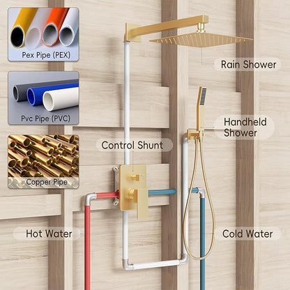 Gold Shower System, Shower Faucet Set with High Pressure 12 inch Shower Head and HandHeld, Wall Mounted Bathroom Shower Head Set,Shower Faucet Rough-in Valve and Trim Kit, Brushed,Gold