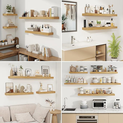 fuqing Floating Shelves for Wall, Wall Mounted Wood Floating Shelf with Invisible Brackets for Living Room, Bathroom, Bedroom, Kitchen Storage and Decor, 32 Inch Set of 2, Oak