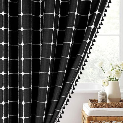 MitoVilla Black Boho Extra Long Shower Curtain 72 x 84, Modern Farmhouse 84 inch XL Polyester Linen Texture Tassel Fabric Shower Curtain Set with Hooks for Cottagecore Country Bathroom Decor