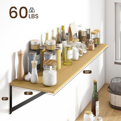 Fun Memories Deep Floating Shelves for Wall, 36W x 8D Wall Mounted Shelves Set of 2, Wide Display Ledge Shelf with Sturdy Metal Brackets for Living Room, Bathroom, Bedroom and Kitchen, Oak