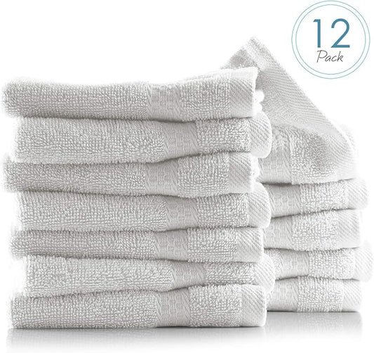 Hearth & Harbor Washcloths 12 Pack - 100% Cotton Washcloth for Body and face, High Absorbent and Soft 13"x13" Body Wash Cloth, Quick Dry - White Washcloths