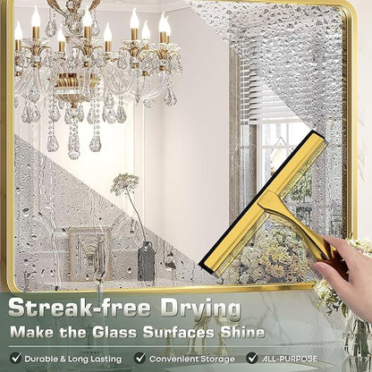 Stainless Steel Shower Squeegee for Glass Door with 3 Adhesive Hook, Glass Cleaning Squeegee for Bathroom & Household Window, Mirrors, Tiles and Car, Clear 10 Inches Golden