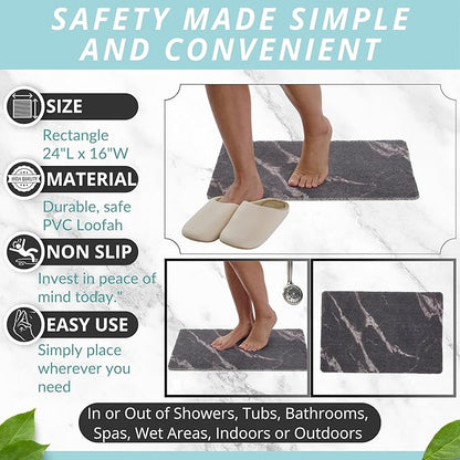 ENKOSI Loofah Non-Slip Shower and Bath Mat - Soft Cushioned Comfort - No Suction Cups for Smooth or Textured Tubs - Fast Draining - Safety for Bathroom, Family, Kids, and Elderly (24x16 Marble Black)