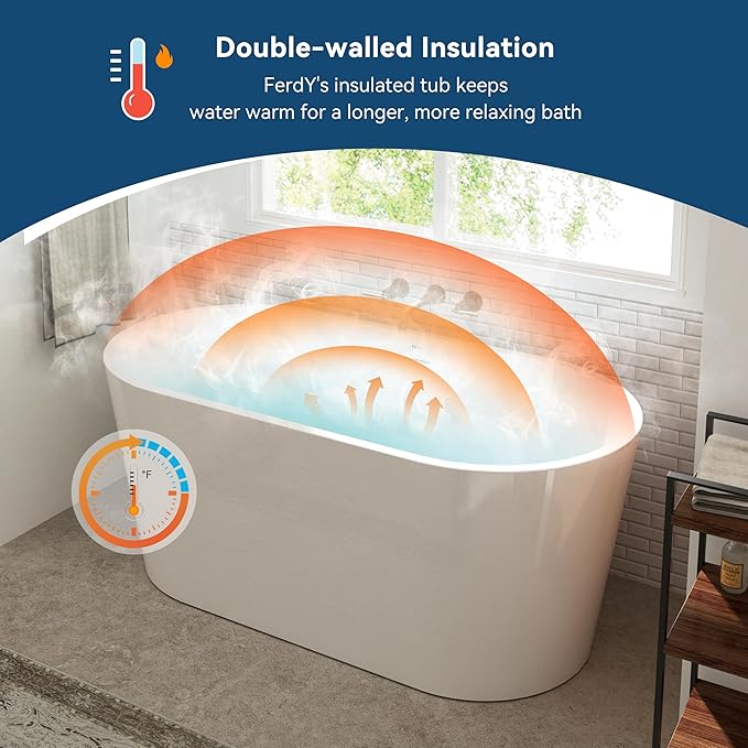 FerdY Shangri-La 55" Acrylic Freestanding Bathtub, Ergonomic Lightweight Classic Oval Soaking Bathtub with Polished White Drain, Minimalist Linear Design Overflow, Modern White