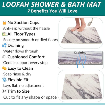 Enkosi Loofah Shower Mat Non Slip – Square Anti Slip Bath Mat for Inside Showers, Bathtub, Tub, Bathroom - Cushioned, Quick Dry PVC with Drain Holes - Secure Grip Safety Pad (Marble Grey 24x24)