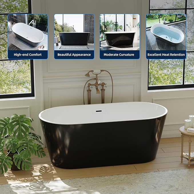 59 Inch Freestanding Bathtub, Acrylic Soaking Bathtub with Chrome Drain and Overflow, Standalone Ergonomic Tub for Bathroom Relaxation, Deep Design for Family and Guest Use, White+Black