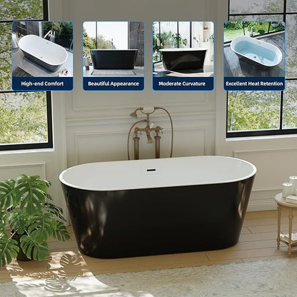 67 Inch Freestanding Bathtub, Acrylic Soaking Bathtub with Chrome Drain and Overflow, Standalone Ergonomic Tub for Bathroom Relaxation, Deep Design for Family and Guest Use, Black