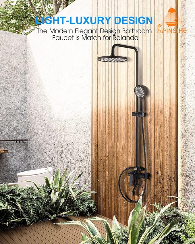 Outdoor Shower Kit, Exposed Shower System with Dial Thermometer Brass Valve, 10'' Rainfall Shower Head and Handheld Shower Faucet Combo for Bath Backyard - Black Wall Mounted