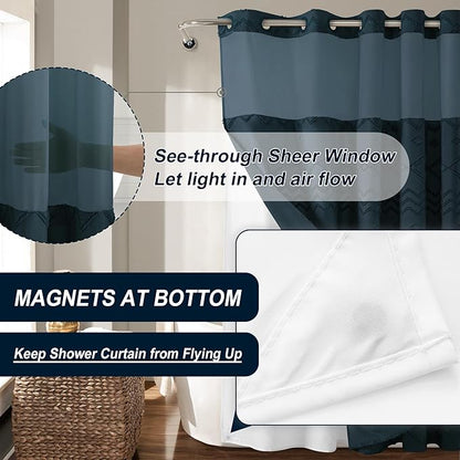 No Hooks Required Boho Farmhouse Shower Curtain Tufted Chevron Striped with Snap in Liner - 72W x 80H, Water Resistant Hotel Grade Spa Like Bathroom Curtain Set, Navy