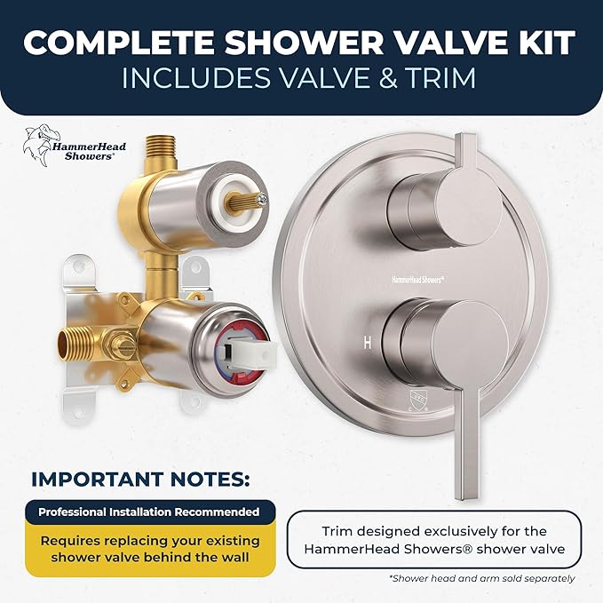 HammerHead Showers Solid Metal Two Handle Shower Valve and Trim Kit Brushed Nickel, Diverts Water Controls Volume and Temperature, Rough-In Shower Trim Kit with Valve and Pressure Balance Shower Valve