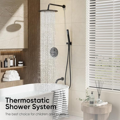 Gabrylly Thermostatic Shower System with Tub Spout, All Metal Bathtub Shower Faucets Set with Anti Scald Shower Valve, High Pressure 10" Rain Shower head with Handheld Spray Combo, Matte Black