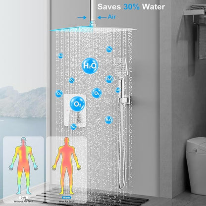 Rain Shower System 12IN Modern Brass Faucet Set With Valve and Diverter Shower Mixer With Handheld High Pressure Square Rainfall Shower Valve (12'' Ceiling Mount, Brushed Nickel)