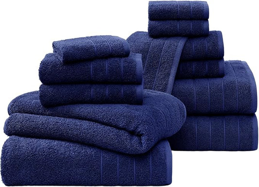 Casa Platino 100% Cotton Luxury Bath Towel Set - 12 Pieces - Ring Spun, Super Soft & Highly Absorbent - 4 Bath, 4 Washcloths, 4 Hand Towels for Bathroom - Holds Well After Multiple Washes - Navy Blue