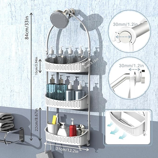 Heavy duty shower caddy hanging; 3 tiers supper large plastic shower basket over the showerhead; never rust baskets over the door, shower organizer for bathroom without tools, White