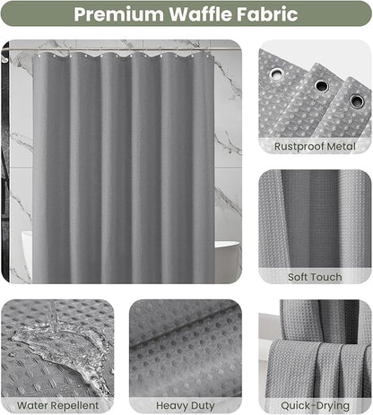 Inhousolu Fabric Shower Curtain Waffle Weave, 230 GSM Heavy Duty, Weighted Hem, 8 Metal Hooks, Water Repellent, Machine Washable, Hotel Spa Luxury Bath Curtain Set, 36 x 72 Inch, Grey